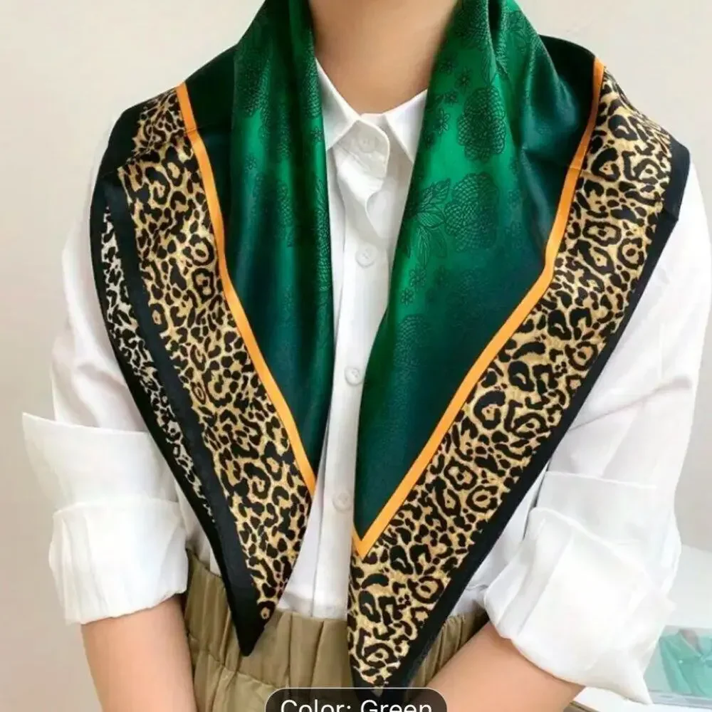 Boho Emerald Green Leopard Print Silk Scarf - Picture 5 of 13